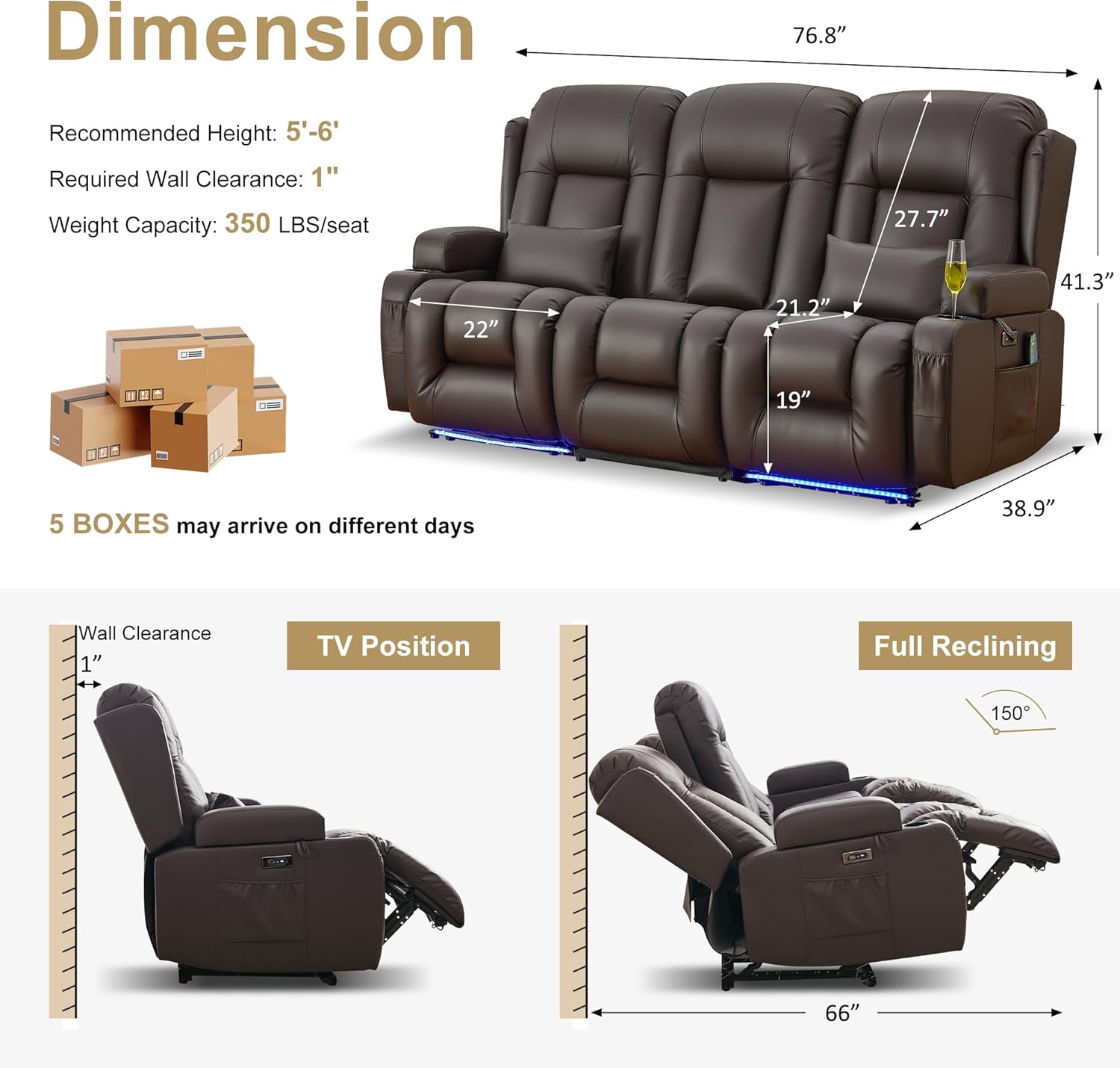 URRED Power Loveseat Recliner Sofa with Massage and Heat, Wall Hugger Reclining Loveseat with Console, RV Couch Home Theater Seating with LED Lights for Living Room (Dark Brown, 76.8" - 3 Seats)
