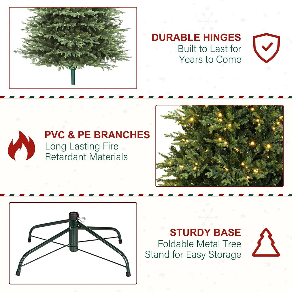 9 ft Lighted Artificial Christmas Tree, 600 Warm White LED Lights, 5149 PE&PVC Mixed Realistic Branch Tips, Metal Base and Hinged Branches Included