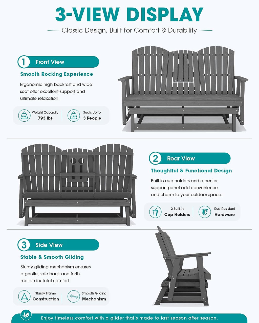 SERWALL 3 Person Outdoor Glider Bench with Cup Holder and iPad Placement,Oversized 66" HDPE Patio Glider Bench, All Weather Patio Glider Chair for Garden,Park,Yard,Front Porch,Gray