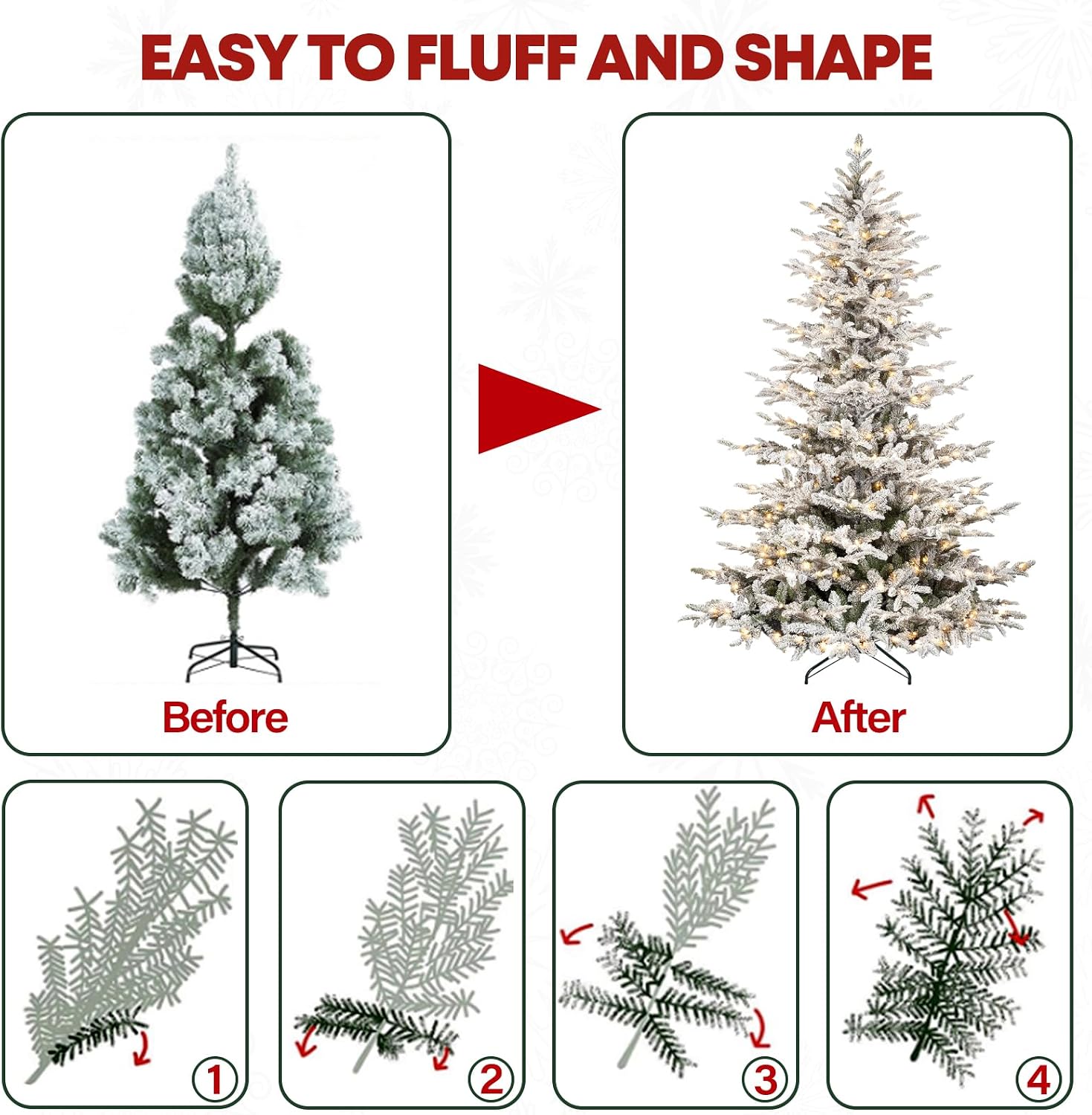 6ft Lighted Flocked Christmas Tree with 330 Warm White Lights, Artificial Hinged Christmas Tree with 797 PE&PVC Mixed Branch Tips for Home, Easy Assembly for Indoor Holiday Decorating