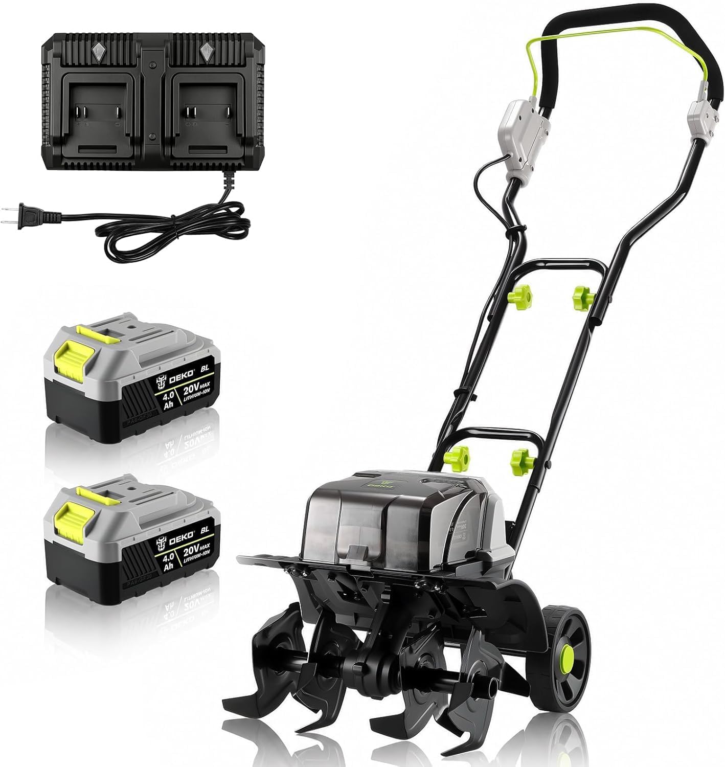 40V Cordless Cultivator Tiller for Gardening： Garden Tiller with 2 x 4.0Ah Batteries & Charger, Electric Tiller with 15 inch Tilling Width and 8 inch Depth for Raised Beds and Flower Gardens DEKOPRO