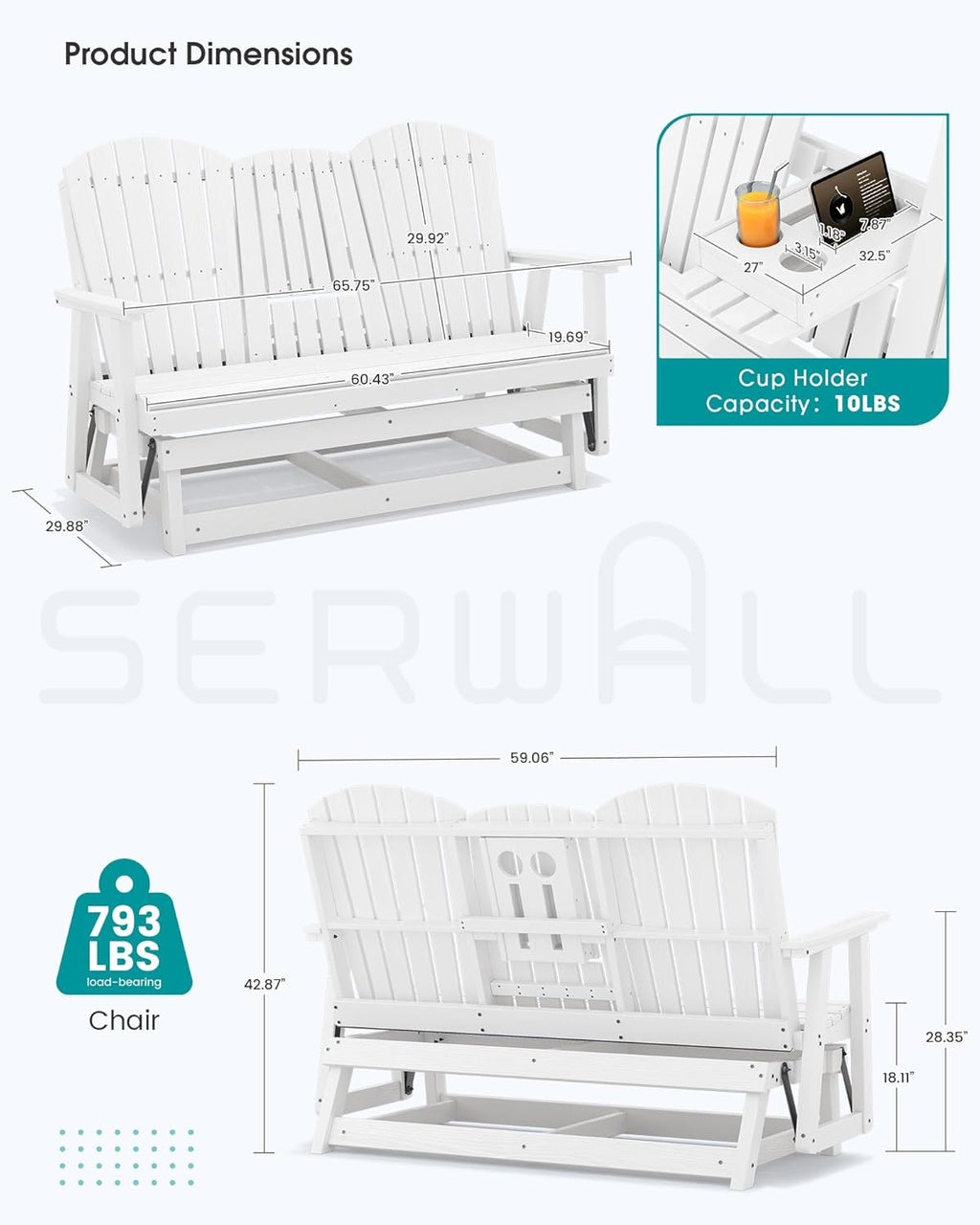 SERWALL 3 Person Outdoor Glider Bench with Cup Holder and iPad Placement,Oversized 66" HDPE Patio Glider Bench, All Weather Patio Glider Chair for Garden,Park,Yard,Front Porch,White