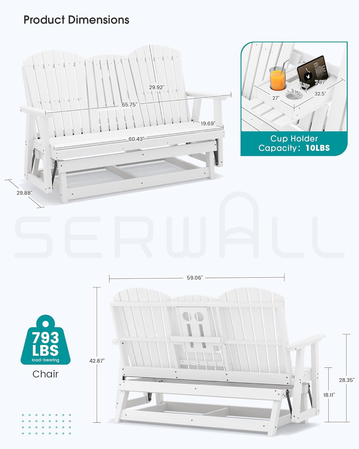 SERWALL 3 Person Outdoor Glider Bench with Cup Holder and iPad Placement,Oversized 66" HDPE Patio Glider Bench, All Weather Patio Glider Chair for Garden,Park,Yard,Front Porch,White