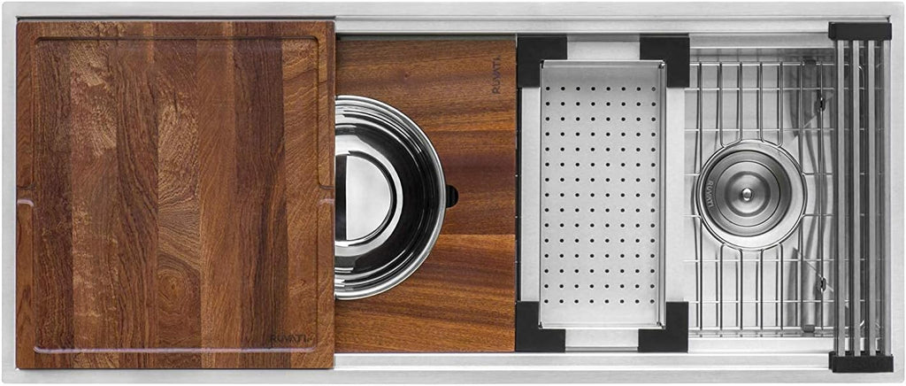 Ruvati 57-inch Undermount Workstation Kitchen Sink – 16 Gauge Stainless Steel Single Bowl with Ledges & Accessories – RVH8555