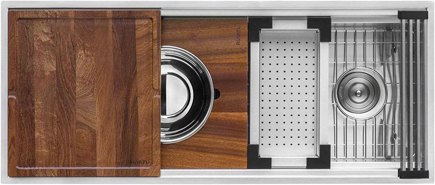 Ruvati 57-inch Undermount Workstation Kitchen Sink – 16 Gauge Stainless Steel Single Bowl with Ledges & Accessories – RVH8555