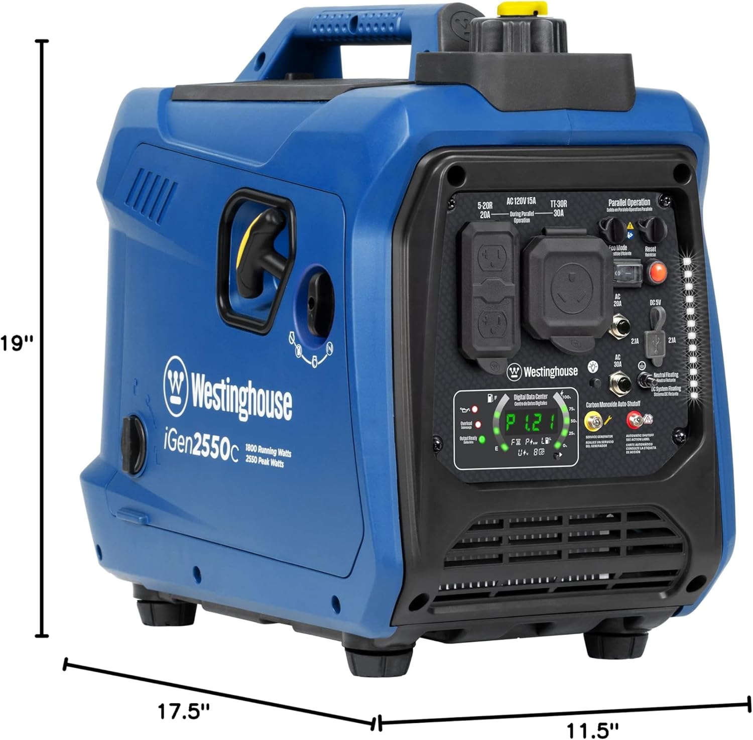 Westinghouse 2550 Peak Watt Super Quiet & Lightweight Portable Inverter Generator, RV Ready 30A Outlet, Gas Powered, CO Sensor, Parallel Capable, Long Run Time,Blue