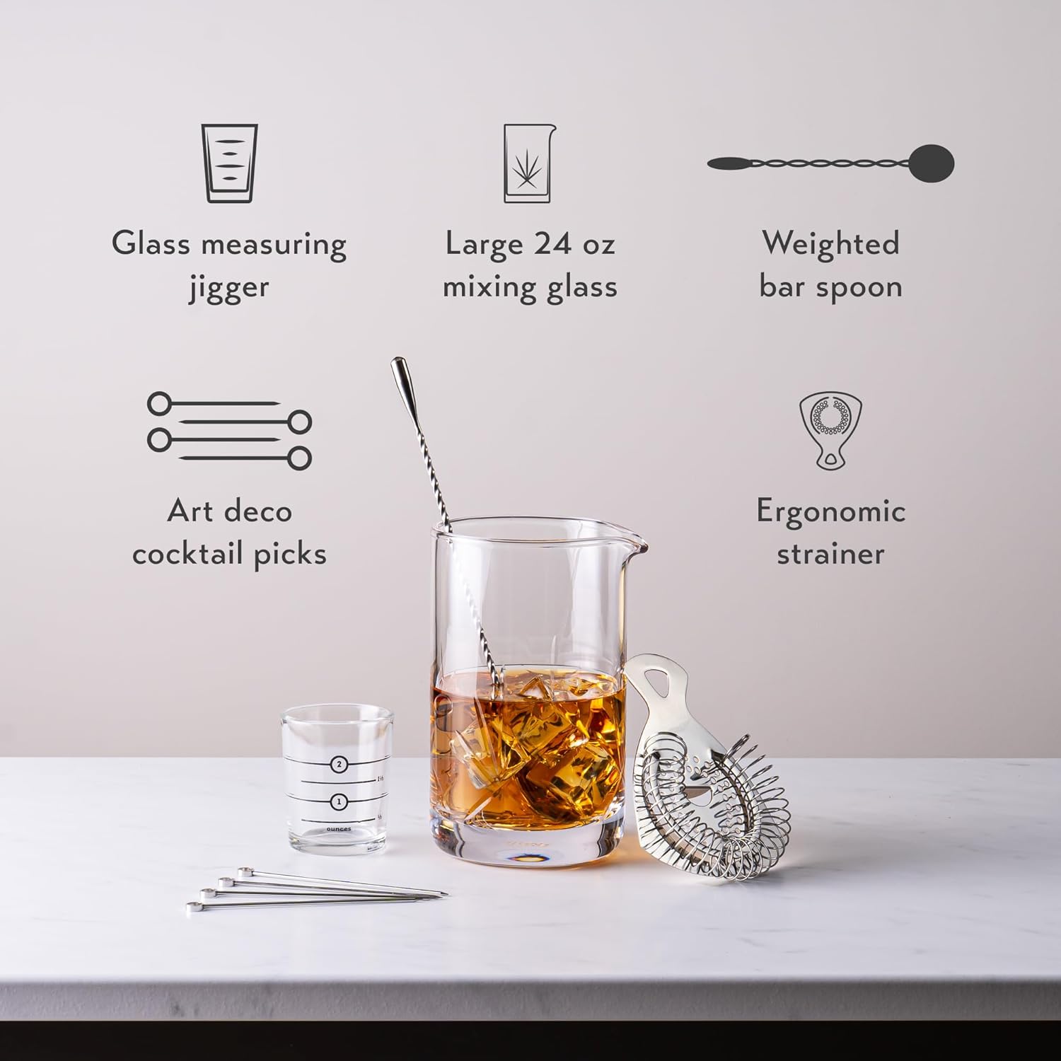 Cork & Mill Cocktail Mixing Glass, Old Fashioned Kit, Large 24 oz Crystal Cocktail Mixer for Bartenders, 9-Piece Home Bar Accessories Set for Manhattans and Other Whiskey Drinks