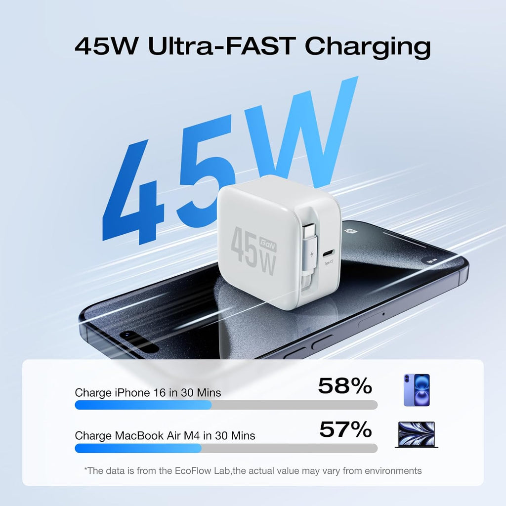 EF ECOFLOW 45W USB C Charger with Retractable Cable, 3-in-1 GaN Phone Charger with Type C Cable, 2-Port Fast Charger Compatible with iPhone 16 Pro Max, iPad Pro/Air, Galaxy S25, Steam Deck (White)