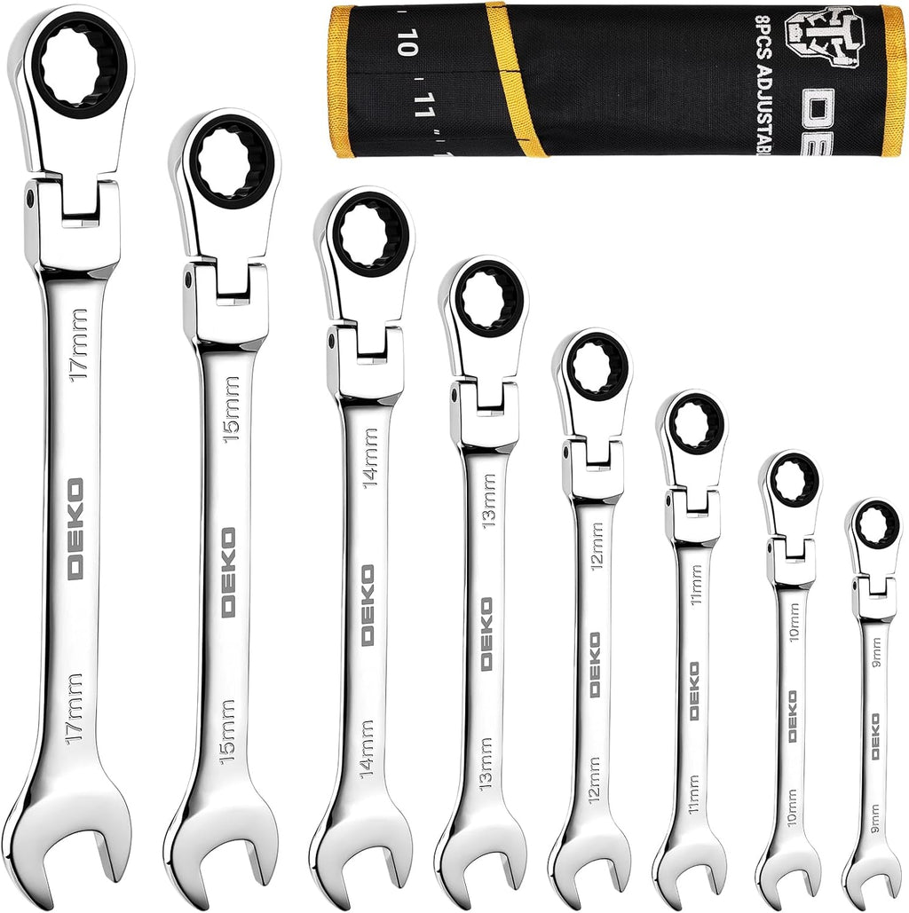 DEKOPRO 8-PC Flex Head Ratcheting Wrench Set, Metric Standard 9-17mm, 72-Tooth Cr-V Combination Wrenches with Portable Pouch for Mechanics & Home Maintenance