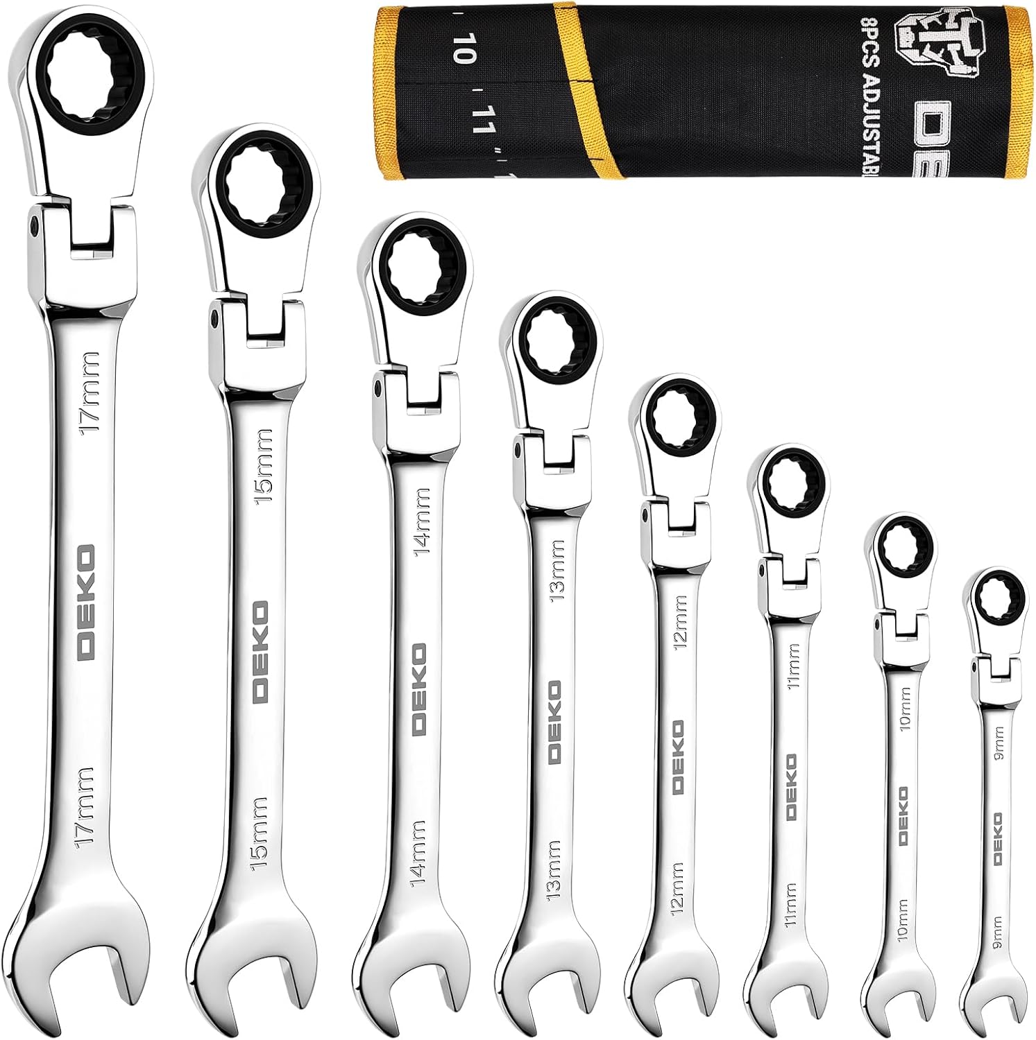 DEKOPRO 8-PC Flex Head Ratcheting Wrench Set, Metric Standard 9-17mm, 72-Tooth Cr-V Combination Wrenches with Portable Pouch for Mechanics & Home Maintenance