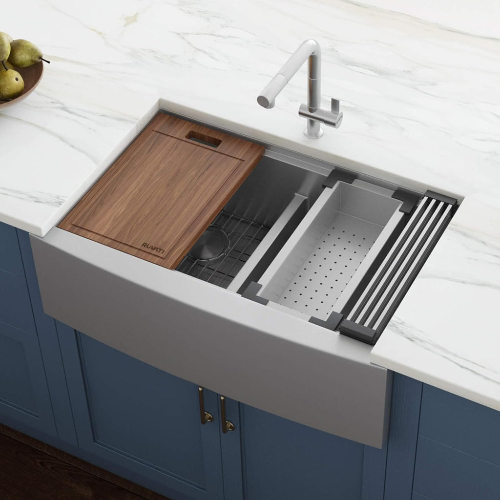 Ruvati 33-inch Apron-front Workstation Low-Divide Double Bowl 60/40 Farmhouse Kitchen Sink 16 Gauge Stainless Steel - RVH9201