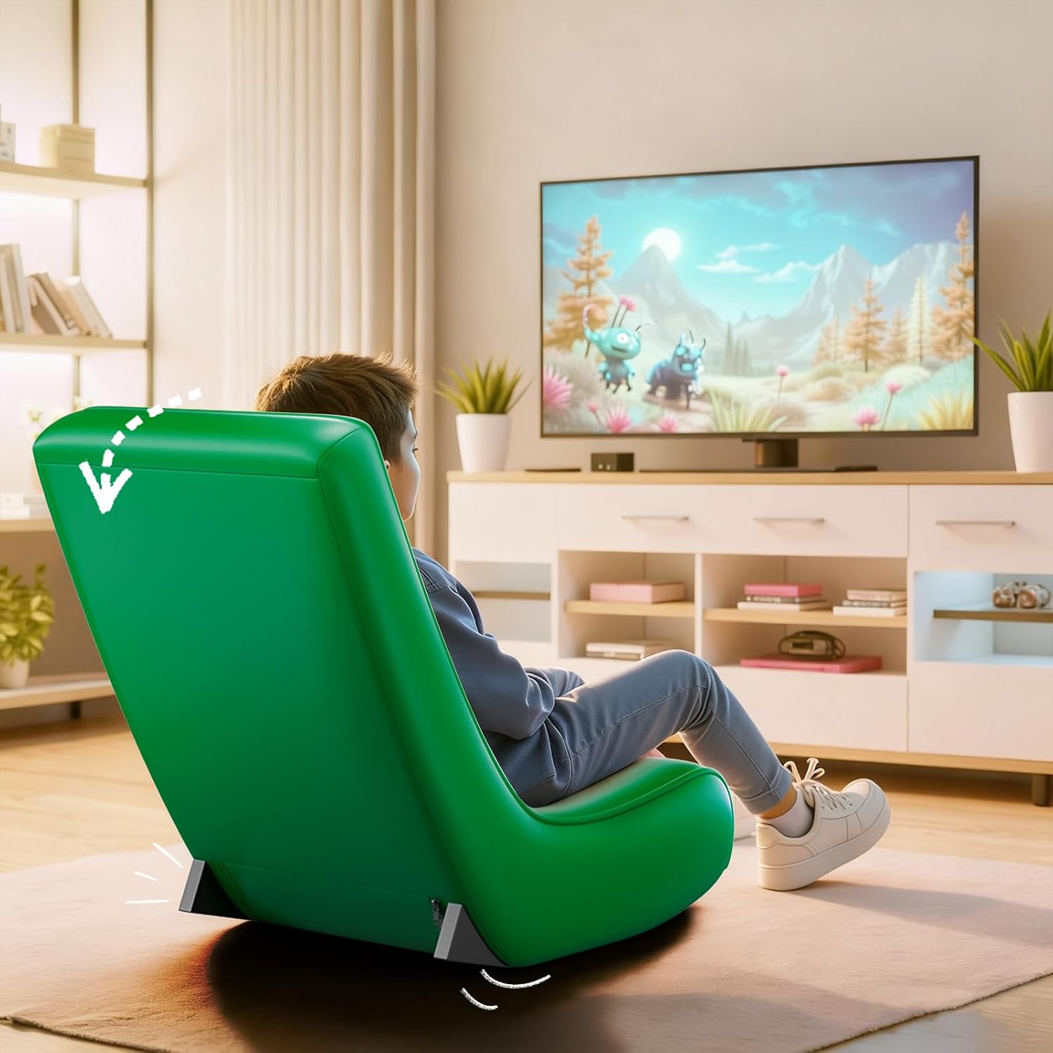 GTPLAYER Gaming Floor Rocking Chair – Rocker Floor Game Chair with Angle Limiter, Stylish Patterned Design, Comfortable Video Game Seat, Green Cat Pattern