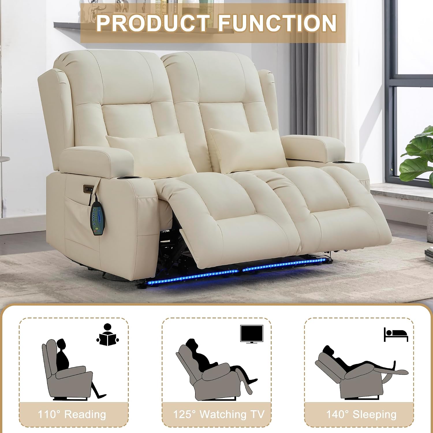 URRED Power Loveseat Recliner Sofa with Massage and Heat, Wall Hugger Reclining Loveseat, RV Couch Home Theater Seating with LED Lights for Living Room (Irovy, 54" - 2 Seats)