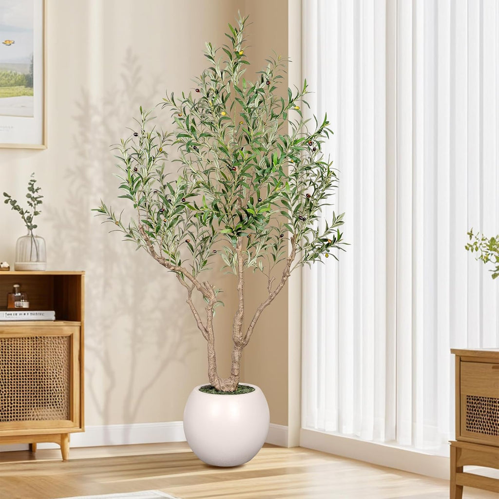 VIVATREES Olive Tree Artificial Indoor, 7FT Tall Faux Olive Tree with 16in Round White Planter, Artificial Plants with Natural Wood Trunk and Lifelike Fruits for Home Office Decor