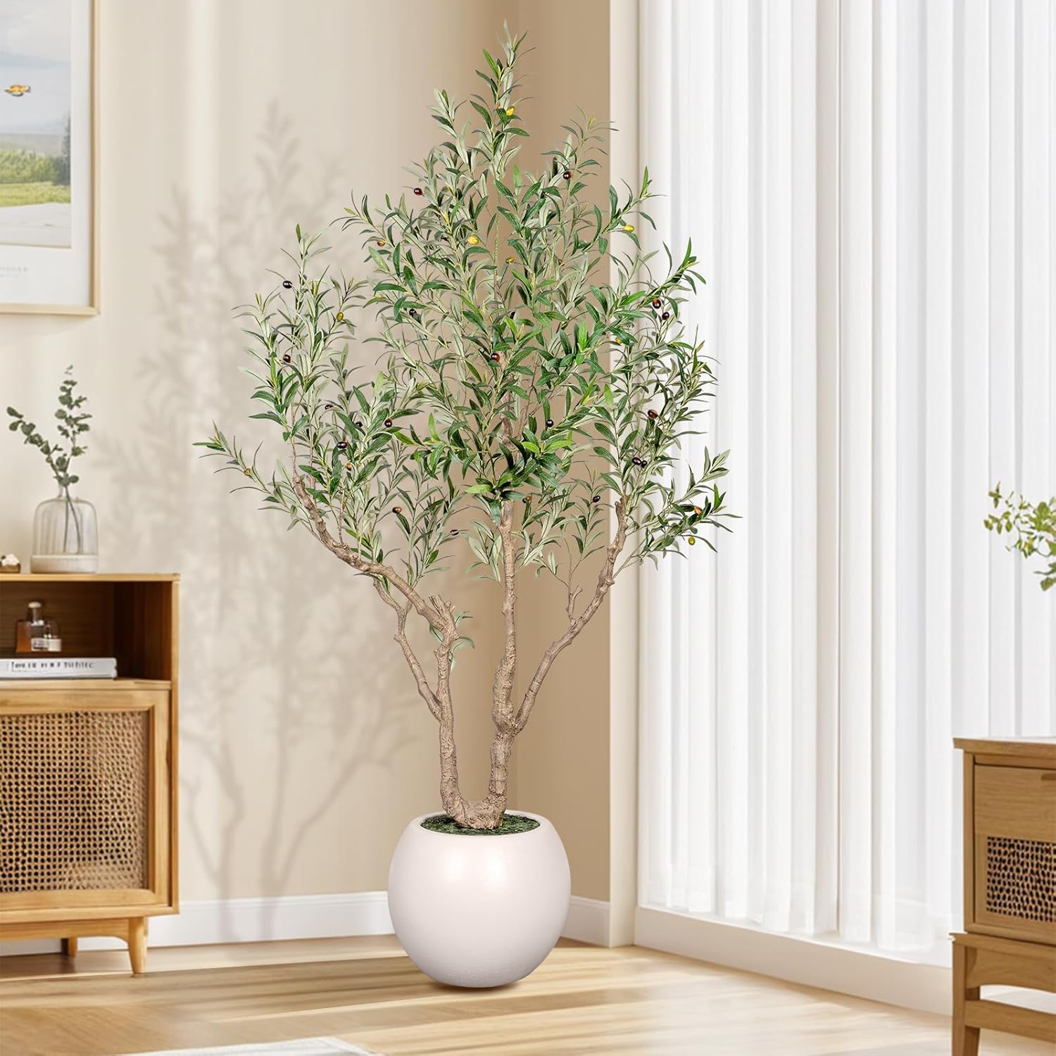 VIVATREES Olive Tree Artificial Indoor, 7FT Tall Faux Olive Tree with 16in Round White Planter, Artificial Plants with Natural Wood Trunk and Lifelike Fruits for Home Office Decor
