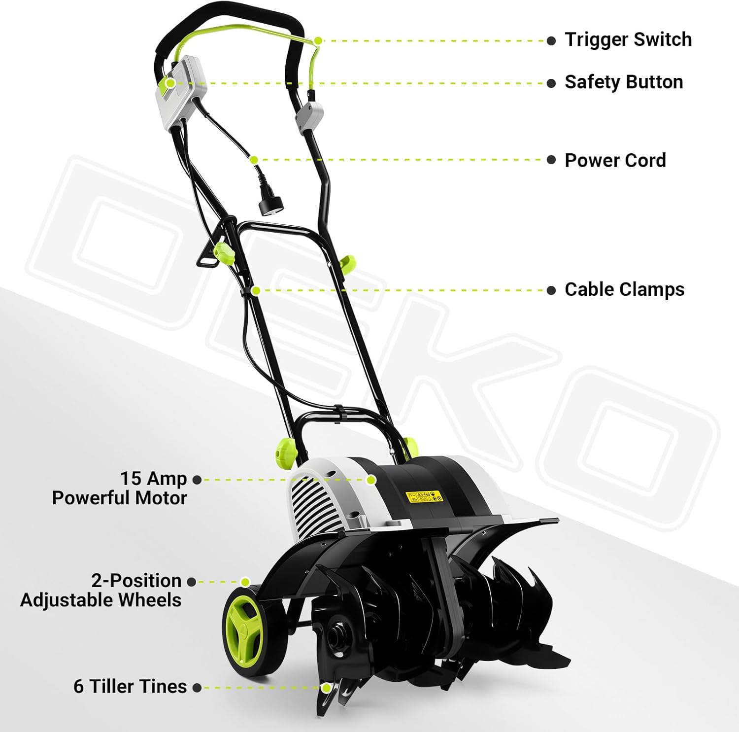 Cultivator Tiller for Gardening:18 Inch Electric Tiller with 6 Steel Tines, Corded 15 Amp Garden Rototiller for Soil Digging with Adjustable Wheels DEKOPRO