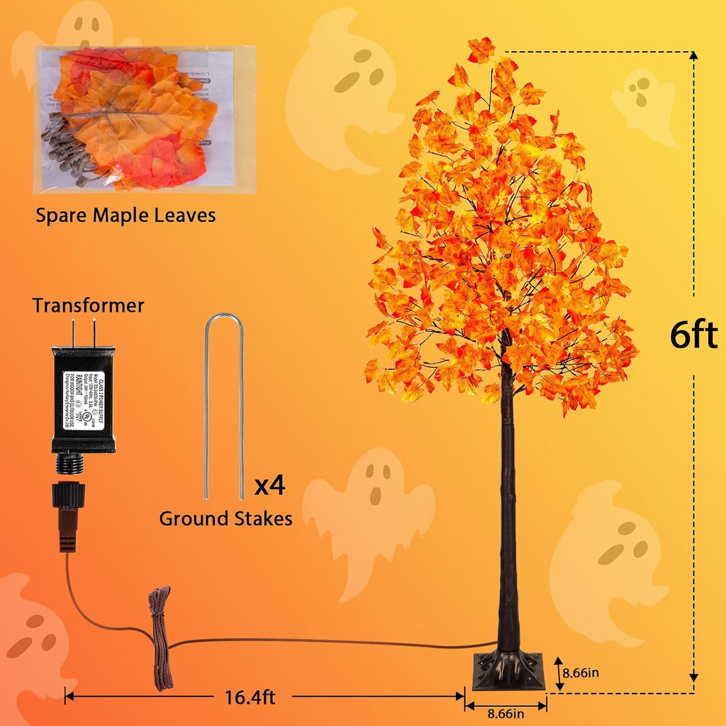 VIVATREES 6FT Artificial Lighted Maple Tree, 120LED Fall Tree with Warm White Lights and Maple Leaves for Halloween, Thanksgiving, Autumn Harvest Outdoor Indoor Home Decor, Orange