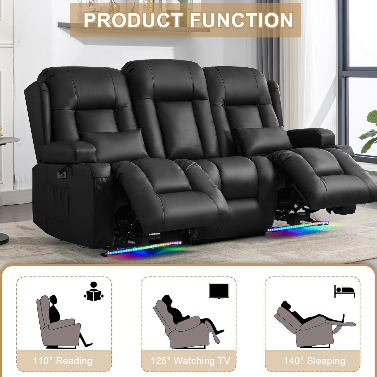 URRED Power Loveseat Recliner Sofa with Massage and Heat, Wall Hugger Reclining Loveseat with Console, RV Couch Home Theater Seating with LED Lights for Living Room (Black, 76.8" - 3 Seats)