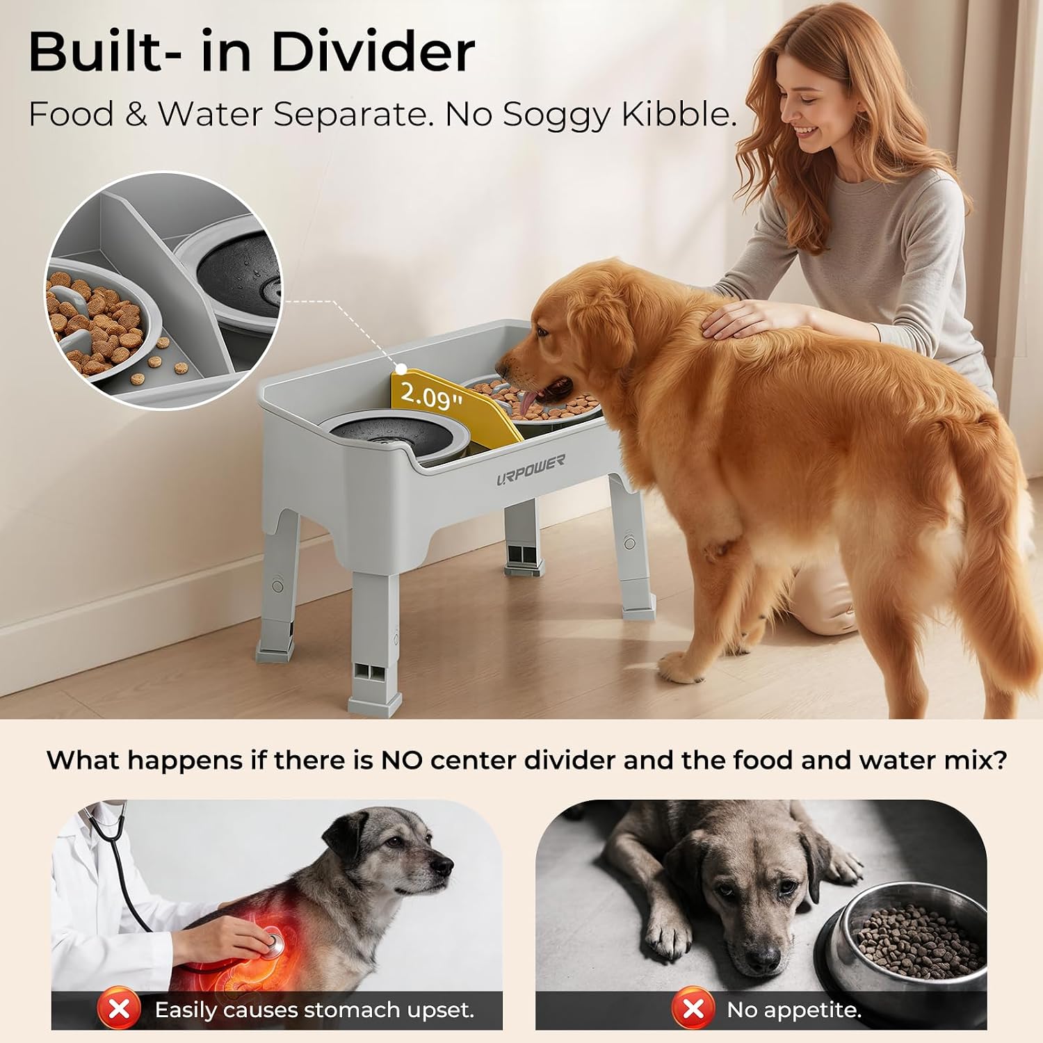 URPOWER Mess Proof Elevated Dog Bowls 4 Height Adjustable Raised Stand with No Spill Water Bowl and Slow Feeder Dog Bowls Non-Slip Food and Water Bowl Set for Small, Medium & Large Dogs