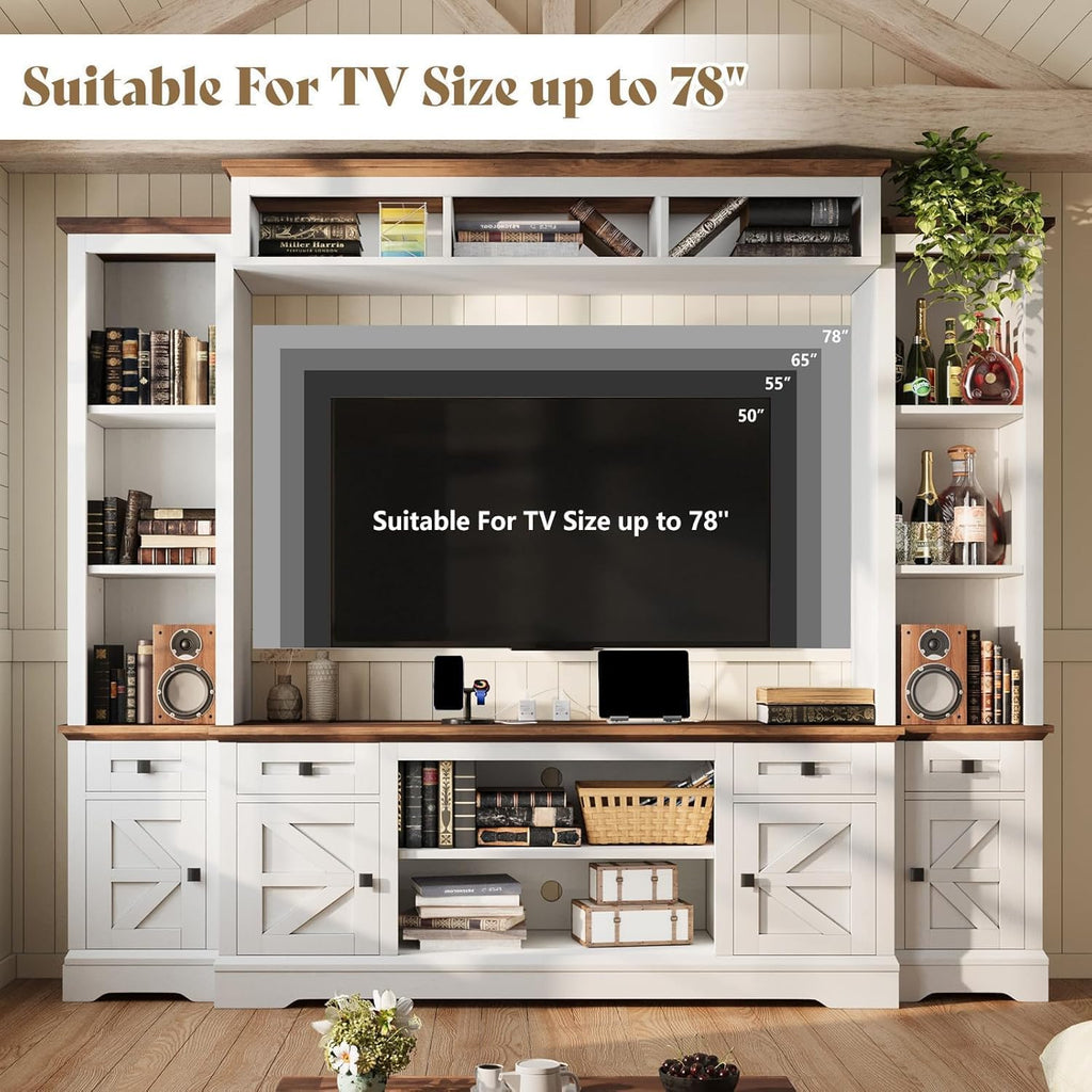 AMERLIFE 4 Pieces Living Room Table Sets, 98" Farmhouse Wall Unit TV Stand with Bookshelves & Wine Cabinet, Coffee Table & 2 End Tables with Charging Station and USB Ports, Living Room, Barnwood+White