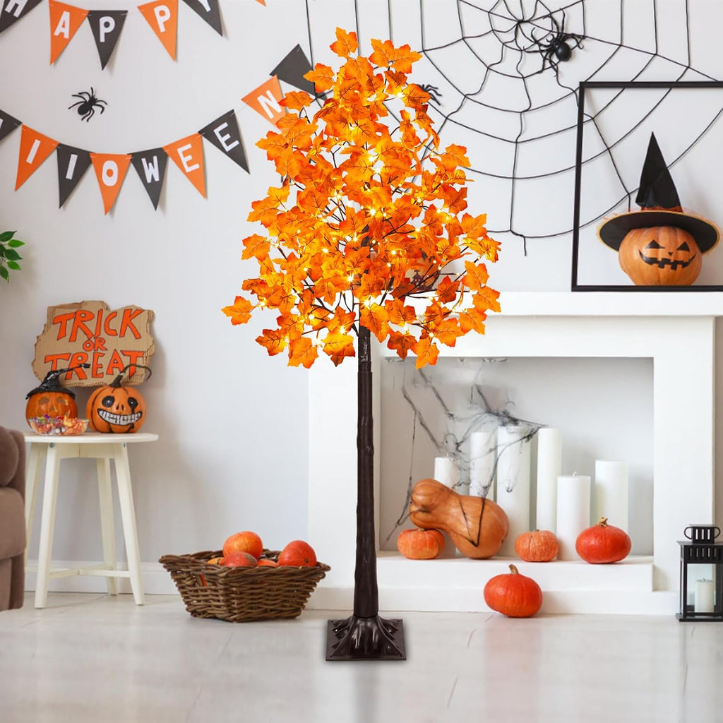 VIVATREES 5FT Artificial Lighted Maple Tree with 96 LEDs, Fall Tree with Warm White Lights for Indoor Outdoor Autumn Halloween Thanksgiving Decor