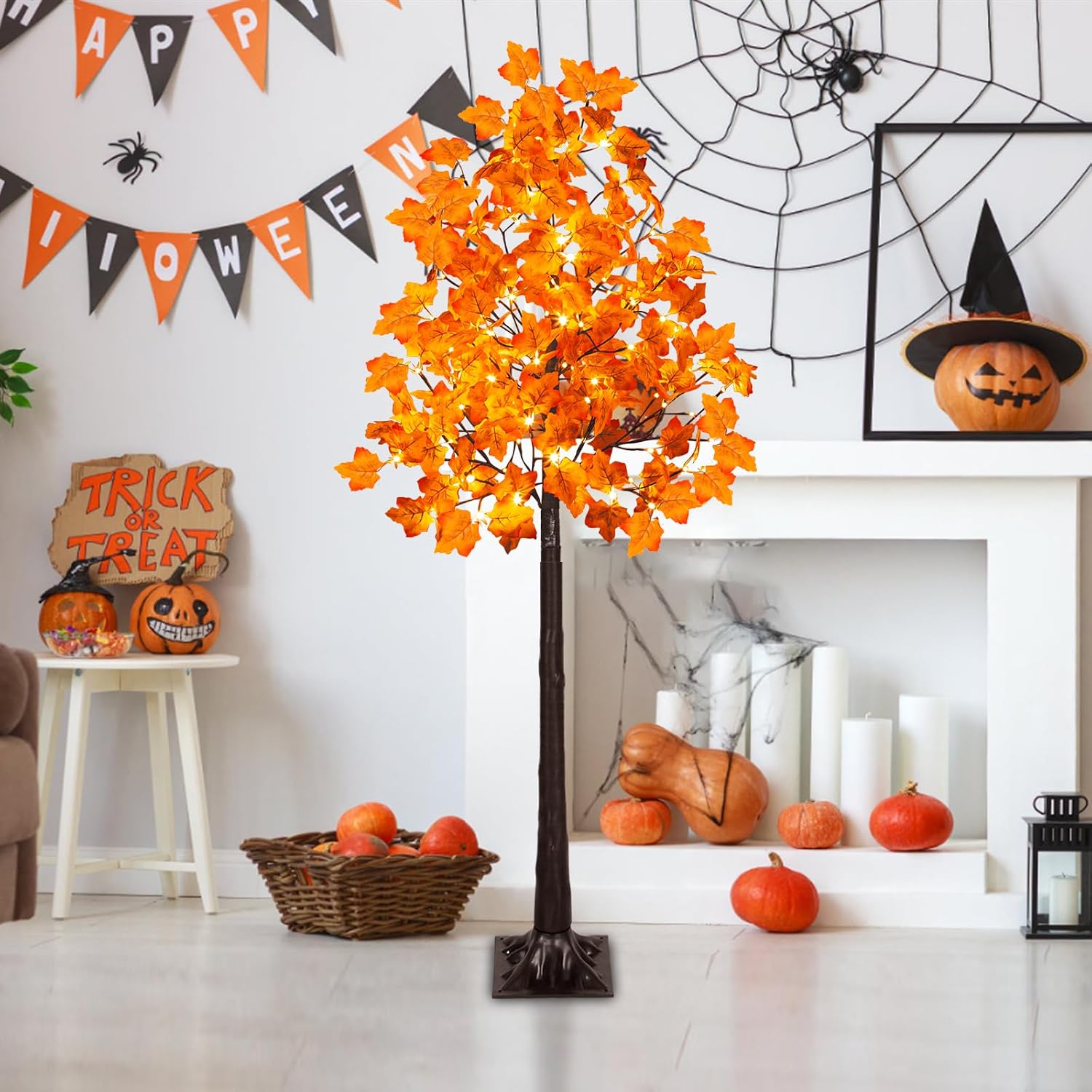 VIVATREES 5FT Artificial Lighted Maple Tree with 96 LEDs, Fall Tree with Warm White Lights for Indoor Outdoor Autumn Halloween Thanksgiving Decor