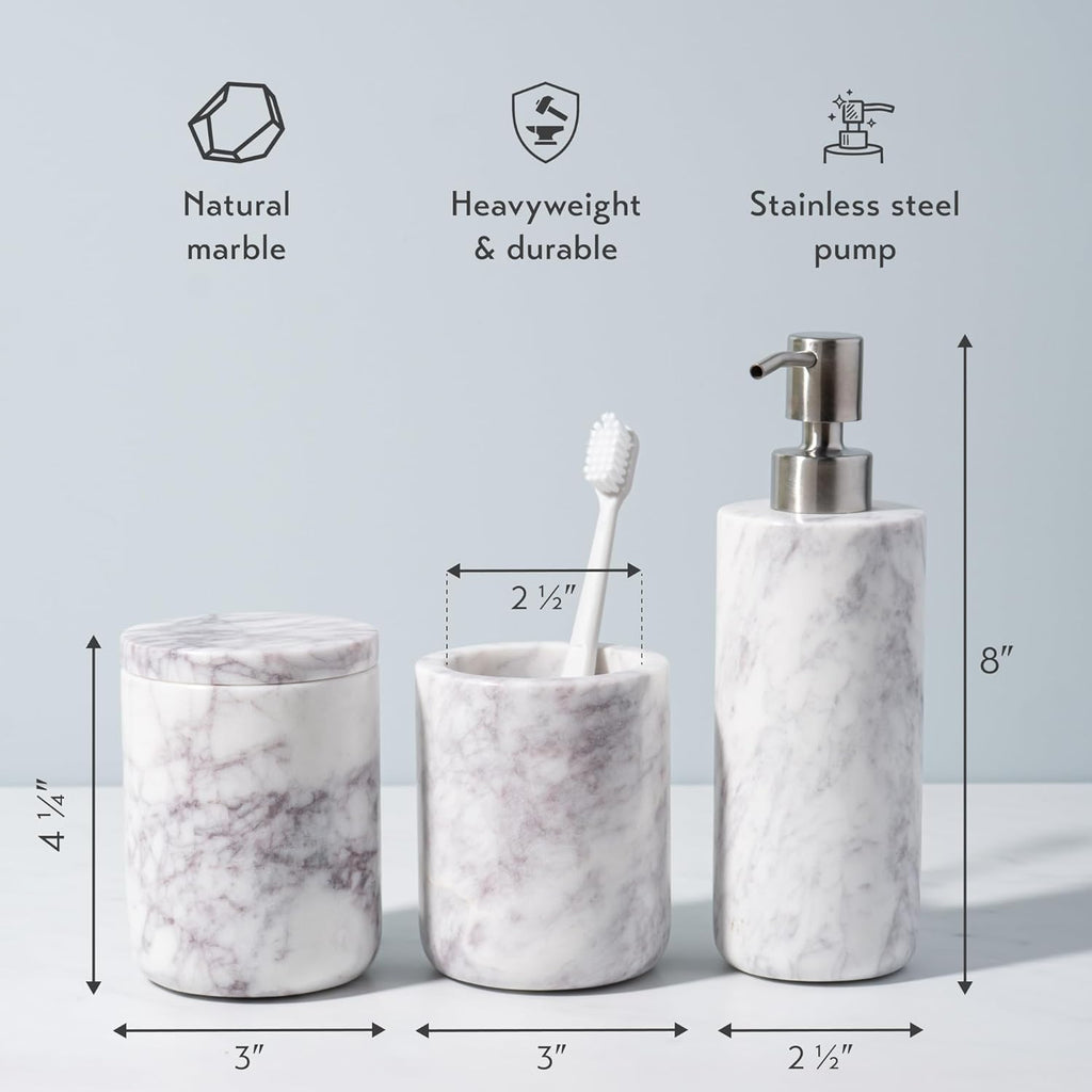 Cork & Mill Marble Bathroom Accessories Set, Solid Natural Marble, Complete Vanity Set with Soap Dispenser, Toothbrush Holder & Canister with Lid for Qtips, White Bathroom Countertop Decor