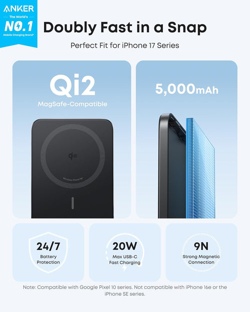 Anker Nano MagSafe Portable Charger, Ultra-Slim 5,000mAh Magnetic Wireless Power Bank, Qi2-Certified 15W Max, Compact for Travel, Ergonomic Design, for iPhone 17/16 Series, and More
