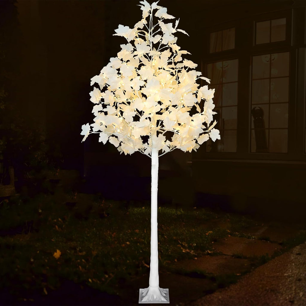 VIVATREES 6FT Artificial Lighted White Maple Tree with 120 LEDs, Fall Tree with Dual-Tone Cool & Warm White Lights for Indoor Outdoor Autumn Halloween Thanksgiving Decor