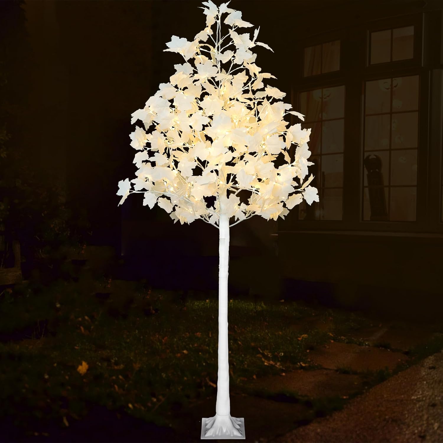 VIVATREES 6FT Artificial Lighted White Maple Tree with 120 LEDs, Fall Tree with Dual-Tone Cool & Warm White Lights for Indoor Outdoor Autumn Halloween Thanksgiving Decor