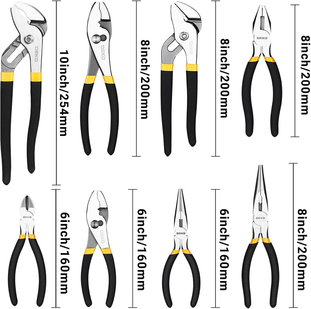 DEKOPRO 8-Piece Pliers Set, 8" & 10" Water Pump Plier, 6" & 8" Slip Joint, 8" Linesman, 6" Diagonal, 6" & 8" Long Nose Pliers with Storage Bag for Home Repair, Workshop & DIY Professional Use