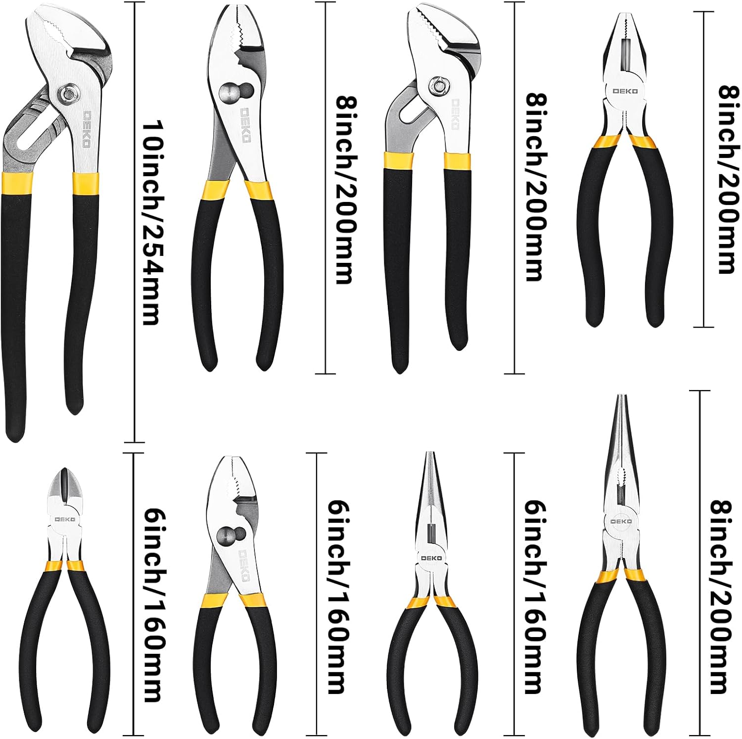 DEKOPRO 8-Piece Pliers Set, 8" & 10" Water Pump Plier, 6" & 8" Slip Joint, 8" Linesman, 6" Diagonal, 6" & 8" Long Nose Pliers with Storage Bag for Home Repair, Workshop & DIY Professional Use