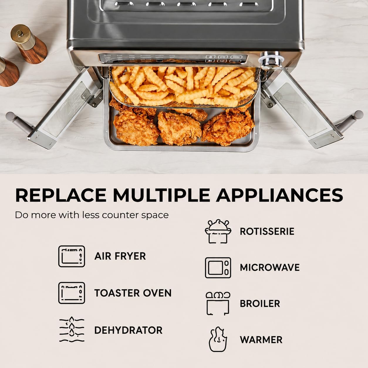 Emeril Lagasse Extra Large French Door Air Fryer Toaster Oven Combo, 24 Cooking Functions and Digital Controls, 7 Accessories Included, Stainless Steel Finish, 26QT Capacity