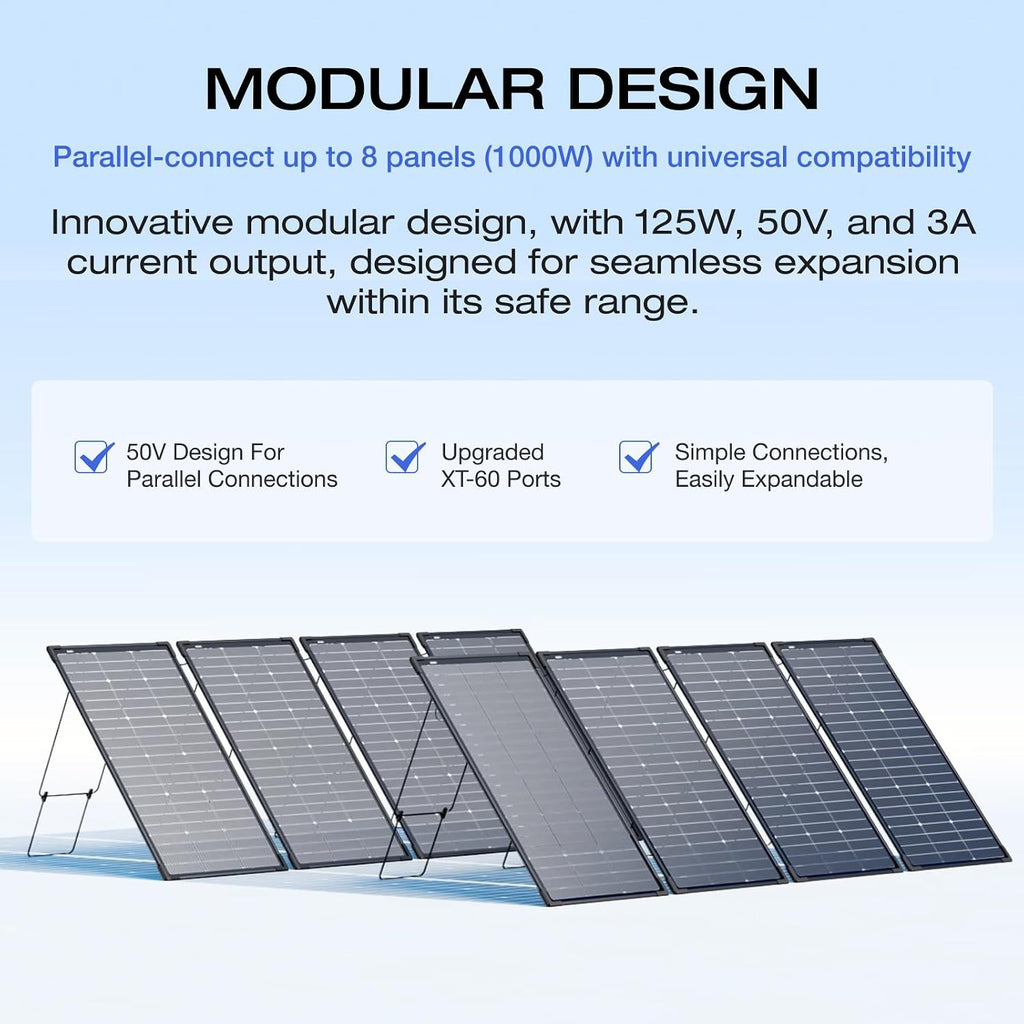 EF ECOFLOW 4PCS 125W Solar Panels, 500W Bifacial Rigid Modular Solar Panel Up to 25% Efficiency with IP68 Waterproof Rate, Adjustable Support and Solar Angle Guide for Camping, RVs & Home