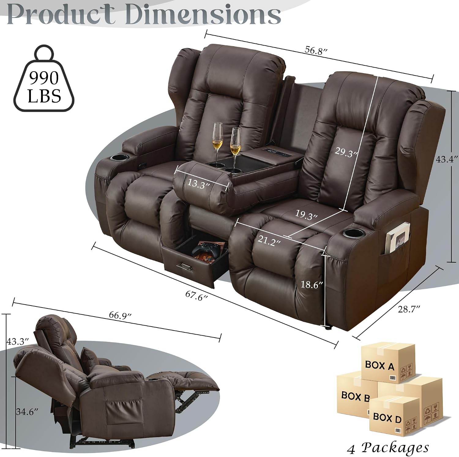 URRED Loveseat Recliner Sofa, Manual Reclining Loveseat Sofa with Flip-Down Console, Home Theater RV Recliner Couch with Cup Holders and Storage for Living Room (Brown)
