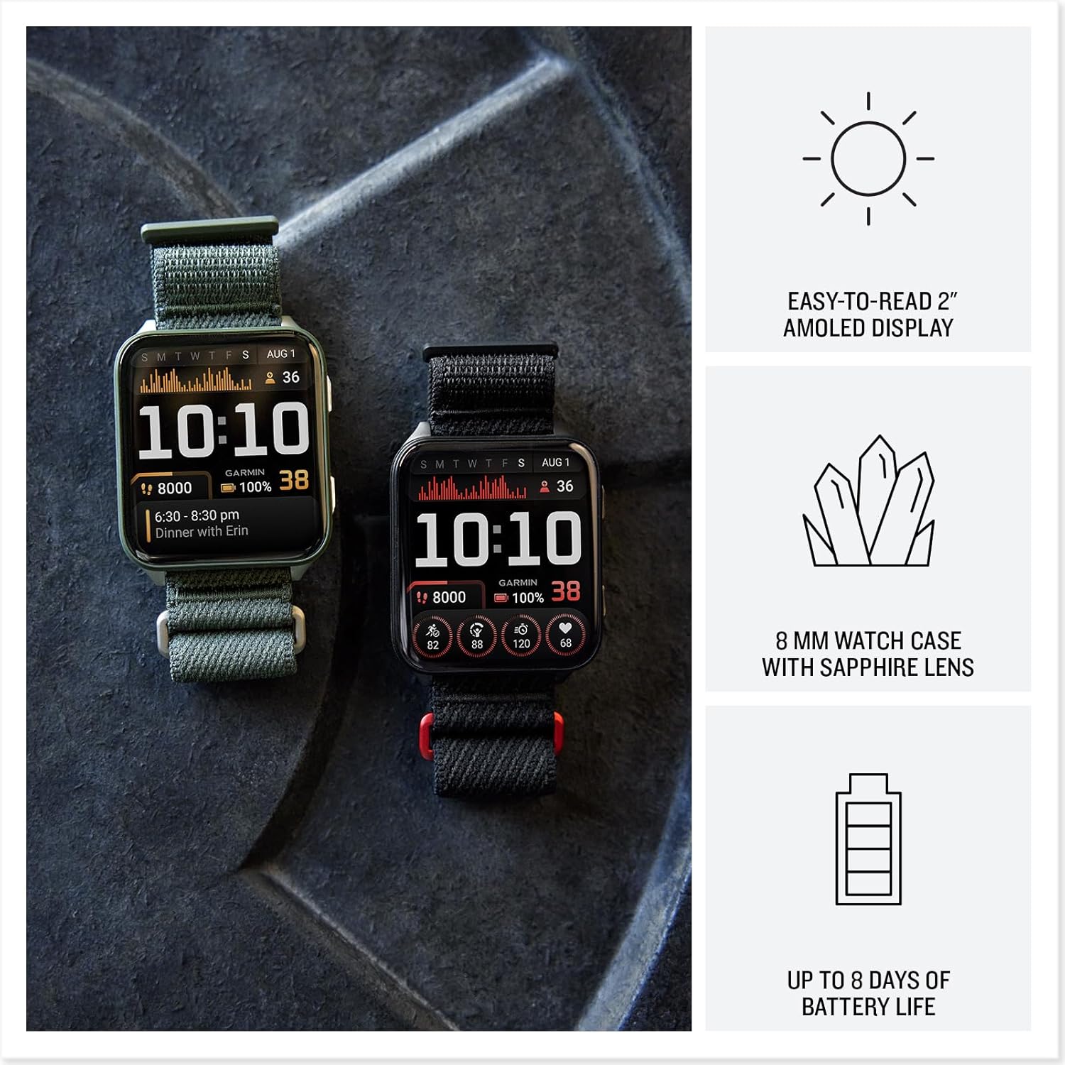 Garmin® Venu® X1, Thin and Lightweight GPS Smartwatch, AMOLED Display, Advanced Health and Fitness Features, Moss with Titanium Caseback and Moss ComfortFit Nylon Band
