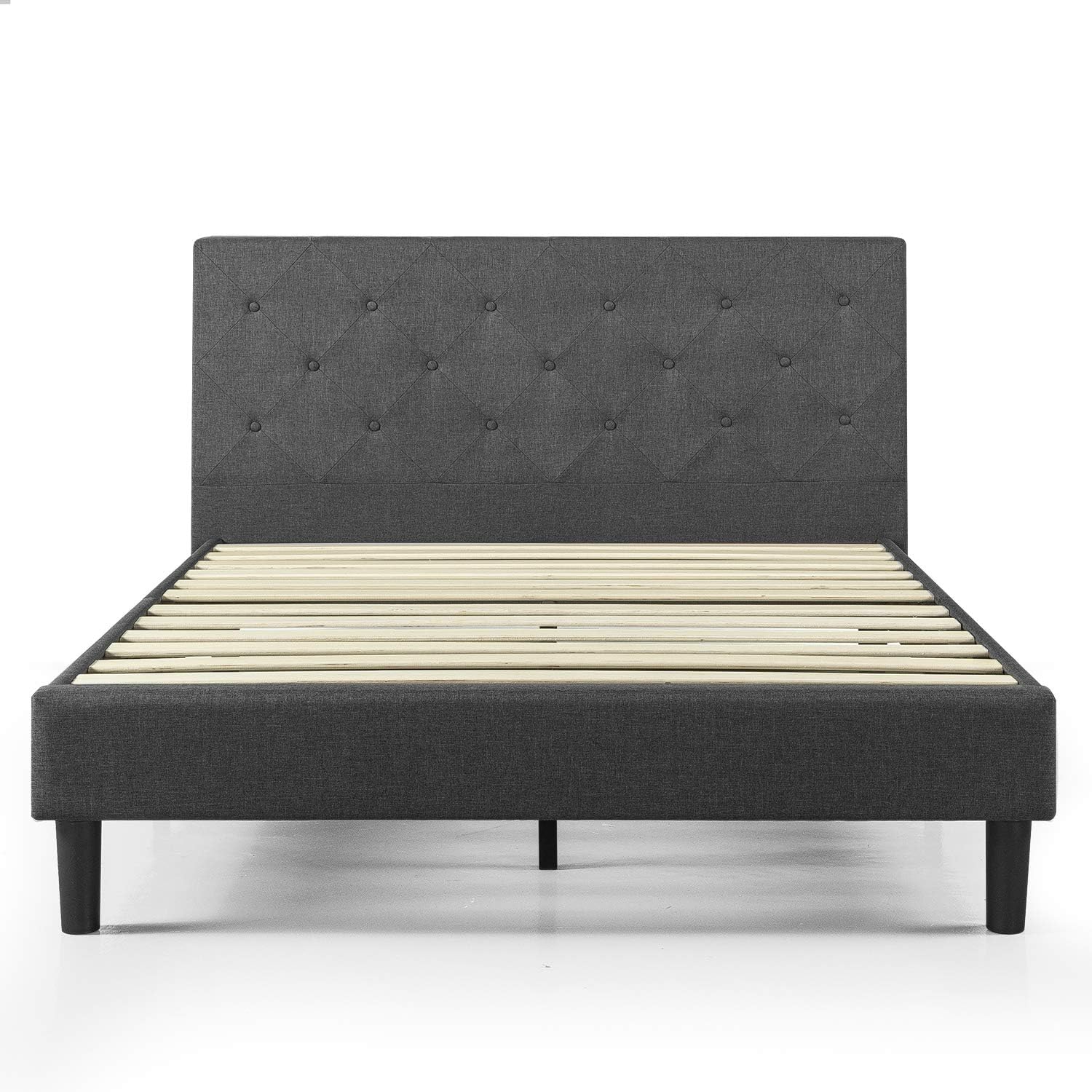 Zinus Shalini Upholstered Platform Bed Frame, Mattress Foundation, Wood Slat Support, No Box Spring Needed, Easy Assembly, Dark Grey, Queen