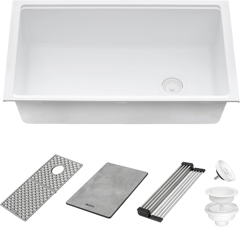 Ruvati 33-inch Granite Composite Quartz Workstation Undermount Kitchen Sink Single Bowl White - RVG2302WH