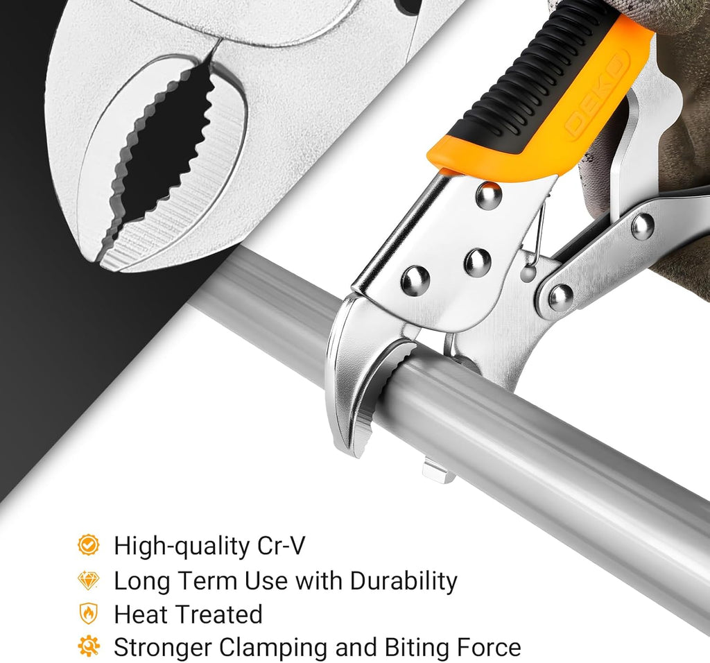 DEKOPRO 3-Piece Locking Pliers, Locking Jaw Plier, Vice Grips with Cr-V, 7" and 10" Curved Jaw Plier, 6-1/2" Long Nose Plier