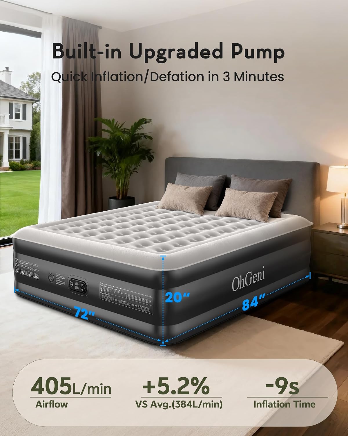OhGeni 20" Raised Cal King Air Mattress with Built in Pump, Keep Feet from Dangling, Extra Length Blow up Mattress, Back-Friendly Airbed for Guests, Luxury Comfort for People(190CM Height), 700lbs