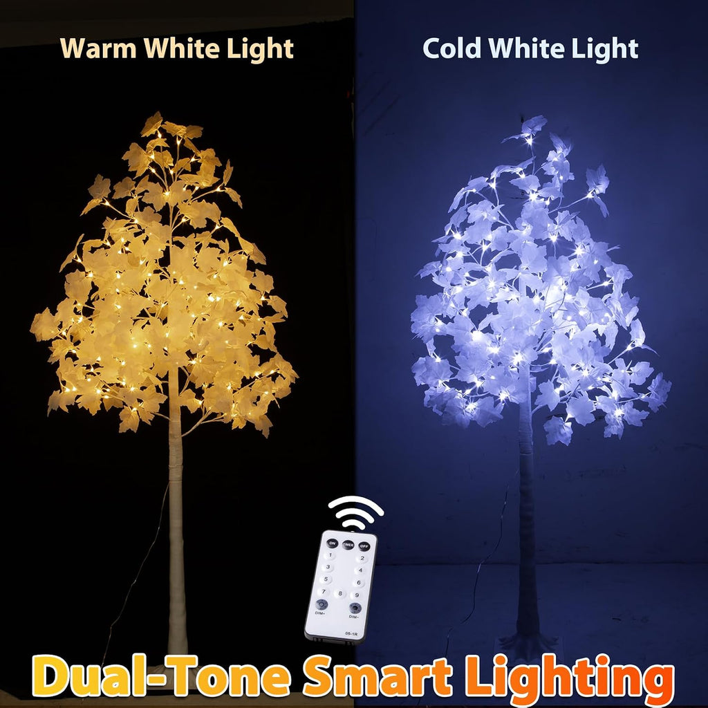 VIVATREES 5FT 96LED Lighted Maple Tree with White Leaves, Dual-Tone Lights (Cold & Warm White), Artificial Tree for Home, Festival, Party Indoor and Outdoor