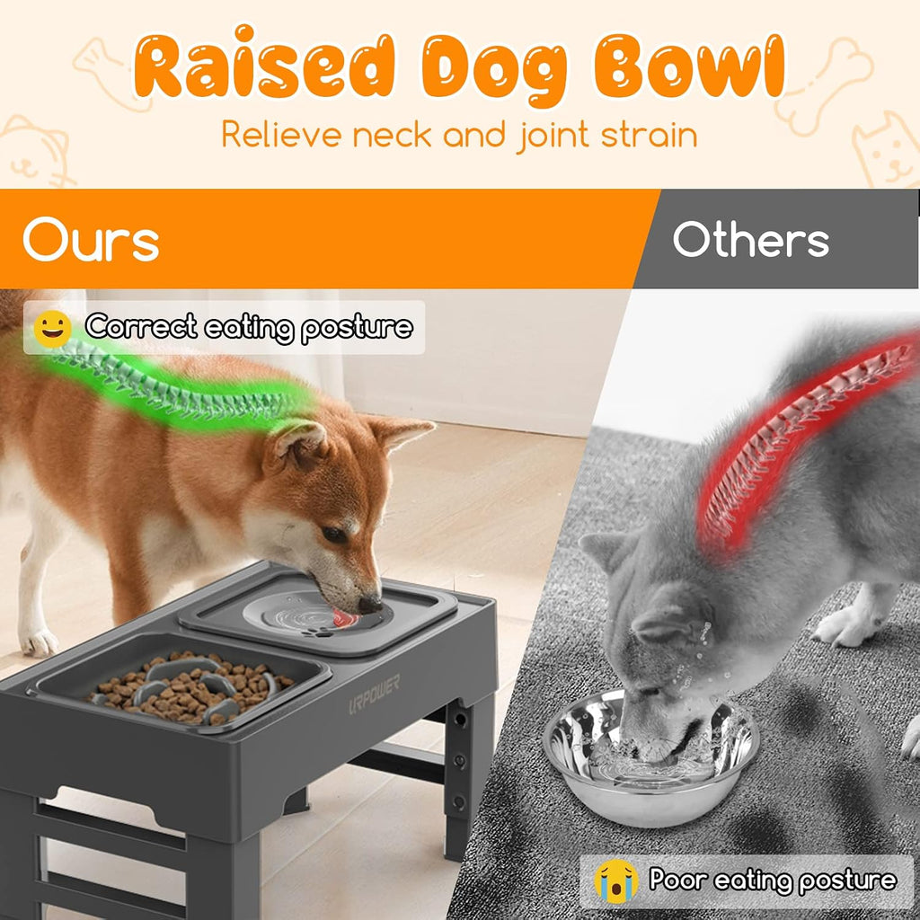 URPOWER 2-in-1 Elevated Slow Feeder Dog Bowls with No-Spill Water Bowl, 4 Height-Adjustable Raised Dog Bowls, Non-Slip Food and Water Bowls with Stand for Small, Medium, Large Dogs, Cats and Pets