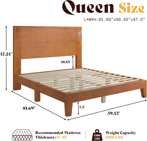 AMERLIFE Queen Size Bed Frame with 48" Tall Headboard, Mid Century Modern Solid Wood Platform Bed with Silent Wood Slat System, No Box Spring Needed, Under-Bed Storage, Brown