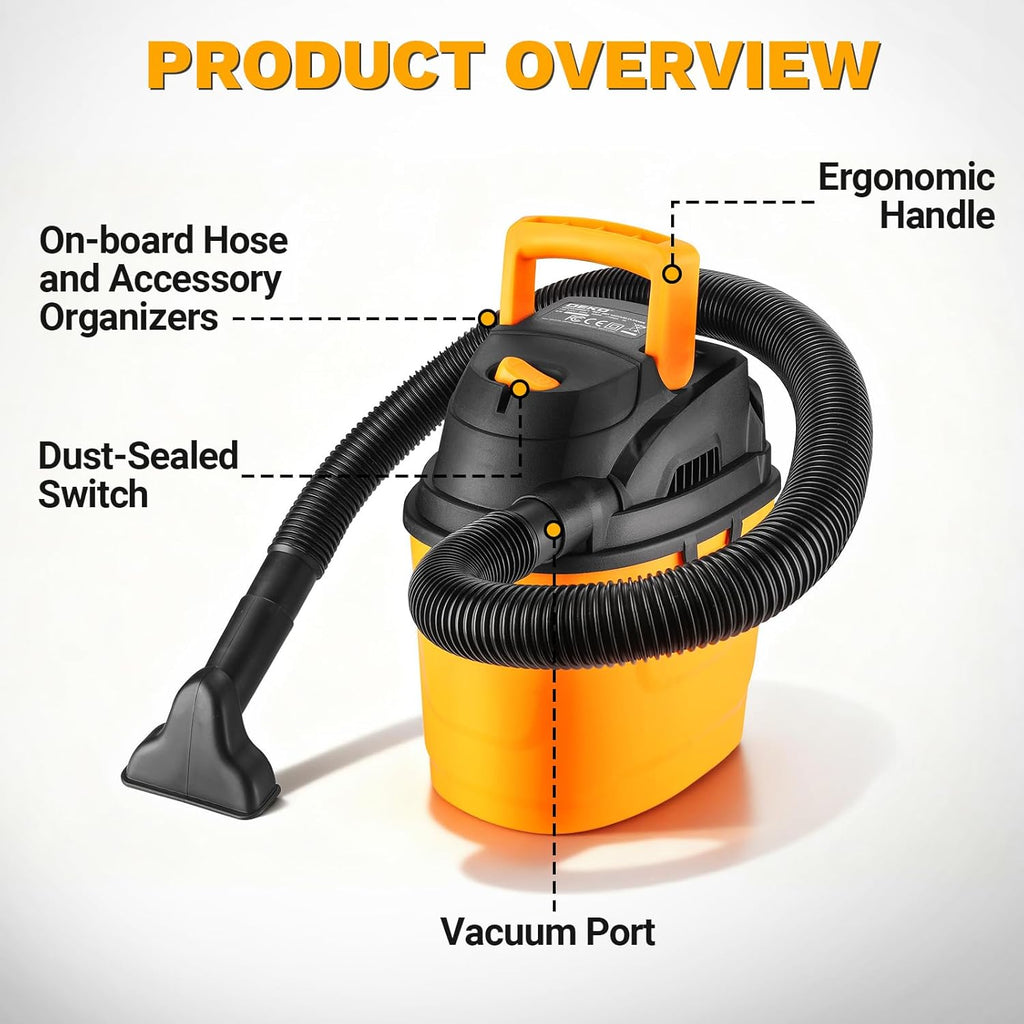 DEKOPRO Shop Vacuum Wet and Dry:1.5-Gallon 2 Peak HP Portable Small Shop Vac, Car Vacuum with 1-1/4 Inch 4Ft Hose, 6 Ft Cord,Mini Shop Vac for Homes, Pets, and Cars