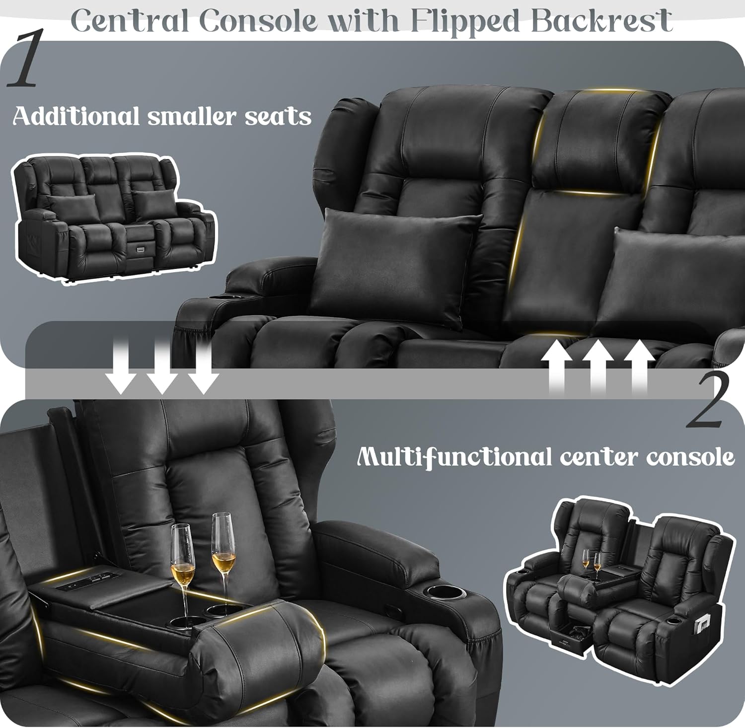 URRED Loveseat Recliner Sofa, Manual Reclining Loveseat Sofa with Flip-Down Console, Home Theater RV Recliner Couch with Cup Holders and Storage for Living Room (Black)