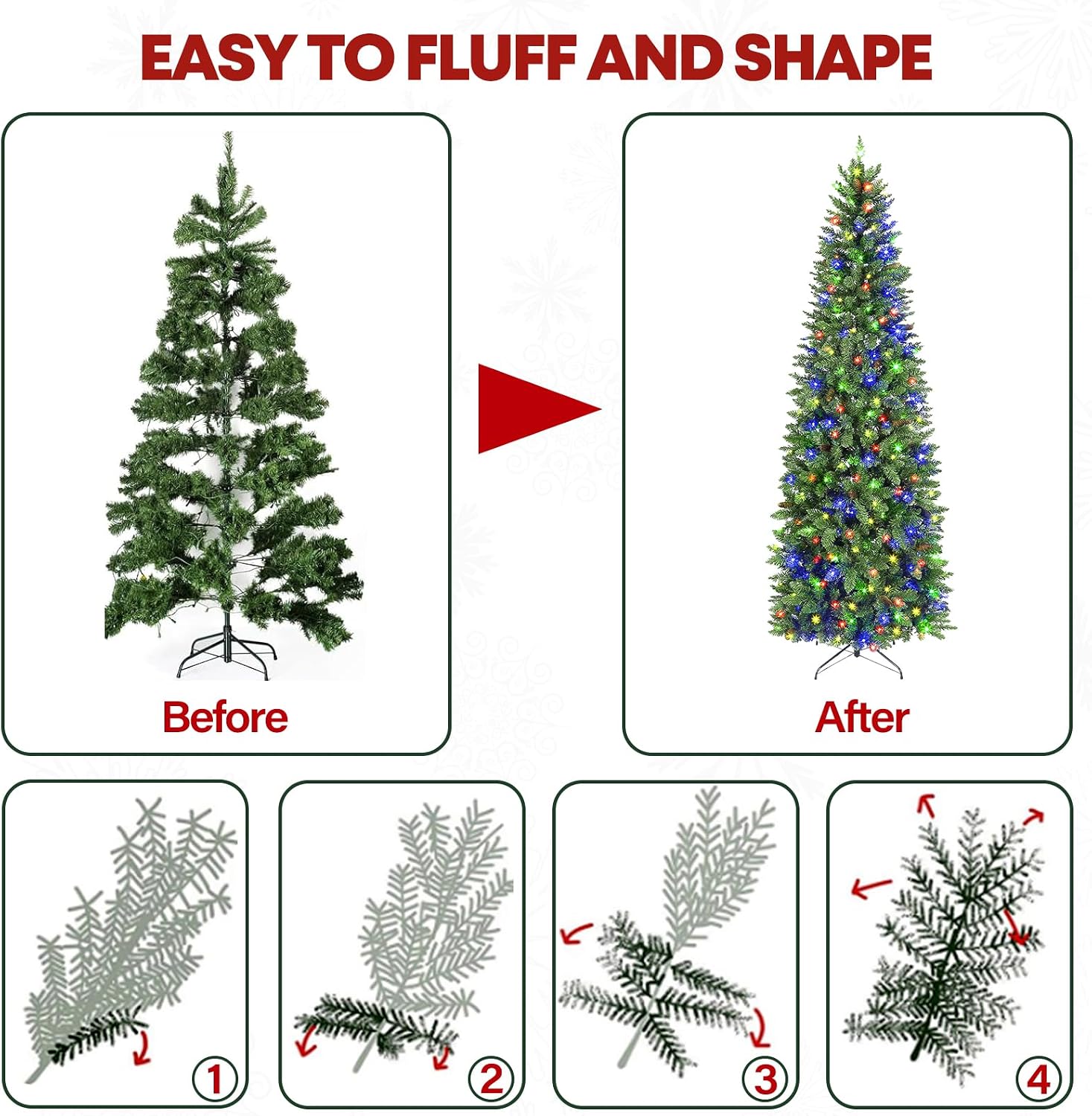 6 ft Lighted Pencil Slim Christmas Tree, Artificial Christmas Tree with 200 Warm White LED Lights, 544 PVC Tips, Foldable Metal Stand and Hinged Branches for Decor, Party