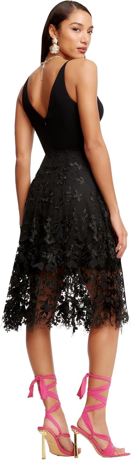 Dress the Population Women's Darleen Sleeveless Plunging Neckline Fit and Flare Midi Dress