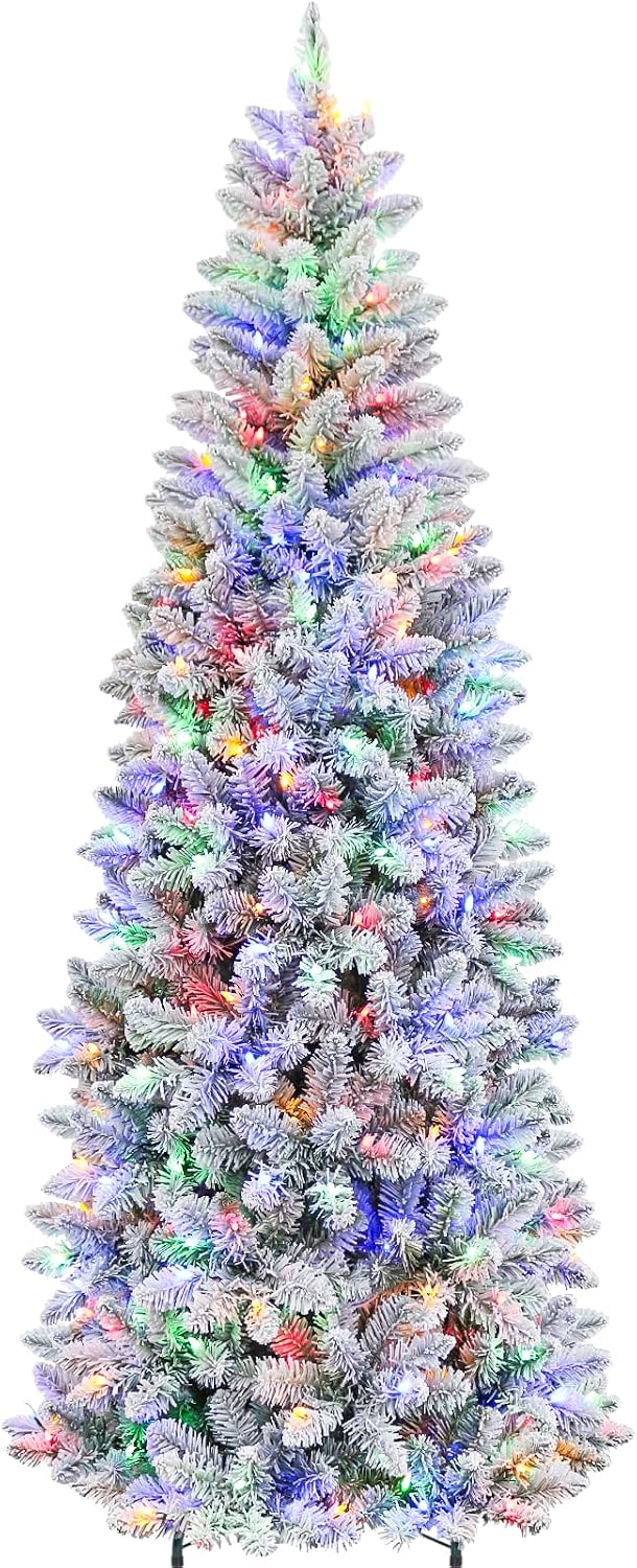 7.5ft Prelit Snow Flocked Pencil Christmas Tree with 300 Multicolor LED Lights, Artificial Slim Christmas Tree with 792 PVC Branch Tips, Metal Stand and Hinged Branches, 10 Color Modes