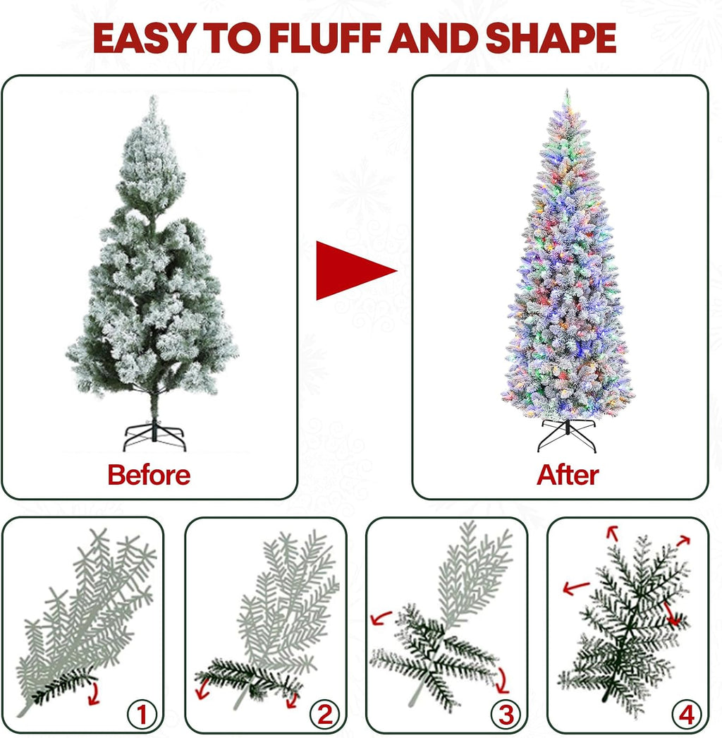 6 ft Lighted Slim Snow Flocked Artificial Christmas Tree, Premium Hinged Christmas Tree with 200 Color Changing LED Lights, 544 PVC Branch Tips, Metal Base Included, 10 Modes