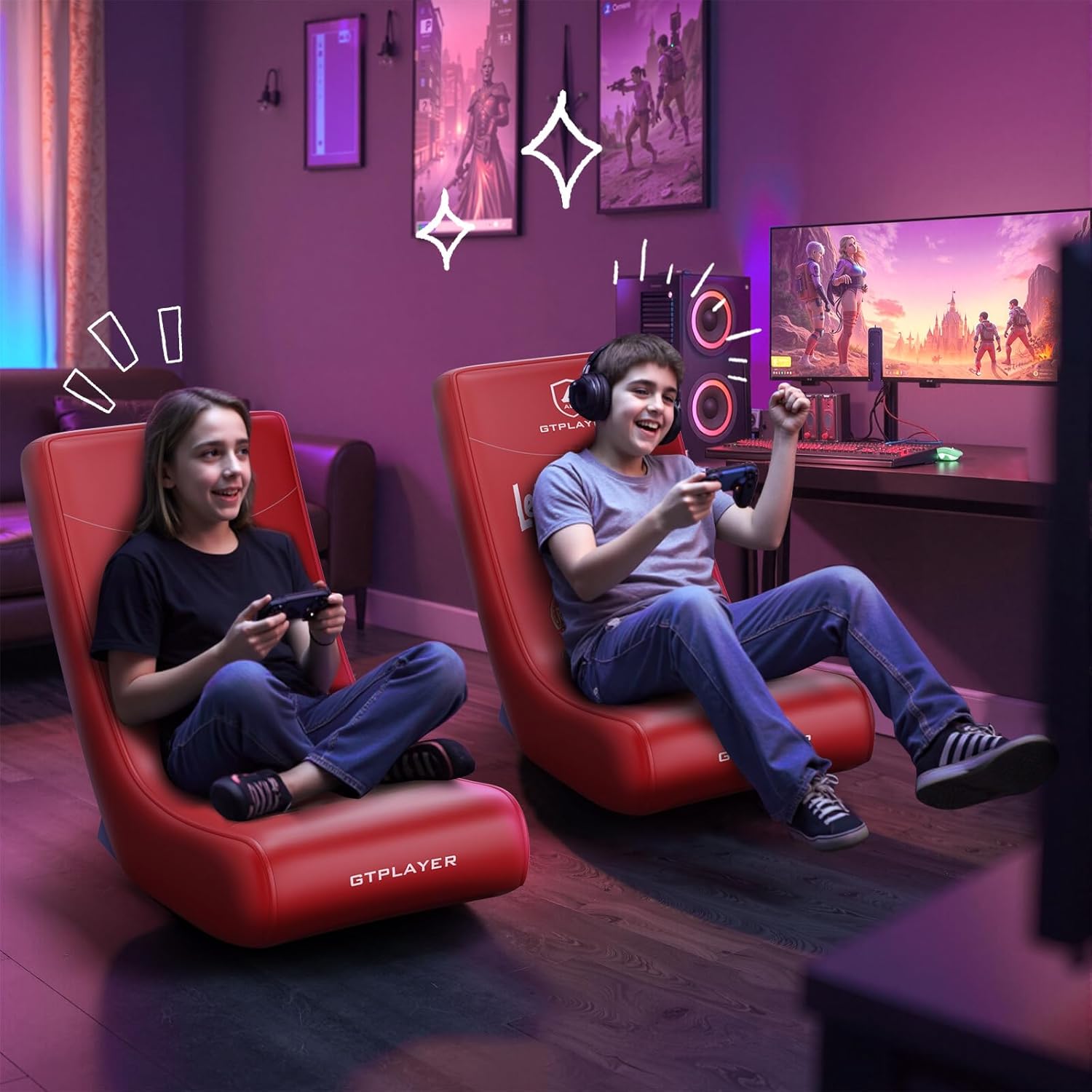 GTPLAYER Gaming Floor Rocking Chair – Rocker Floor Game Chair with Angle Limiter, Stylish Patterned Design, Comfortable Video Game Seat, Red Football Pattern